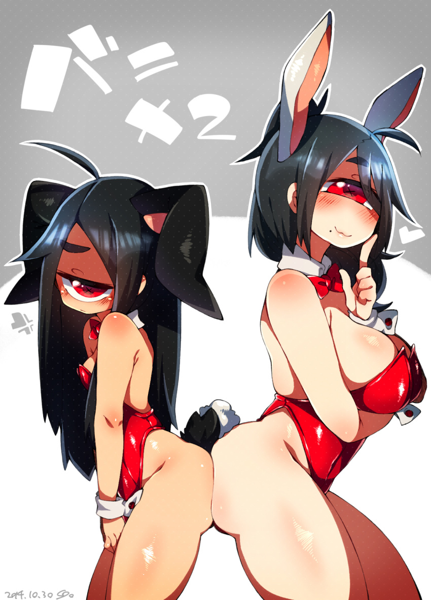 2girls animal_ears ass ass-to-ass bare_shoulders blush bow breasts bunny_ears bunny_tail cleavage cuffs cyclops detached_collar fake_animal_ears highres long_hair looking_at_viewer mole mole_under_mouth muku-chan_(muroku) multiple_girls muroku_(aimichiyo0526) one-eyed original playboy_bunny ponytail red_eyes small_breasts smile symbol-shaped_pupils tail