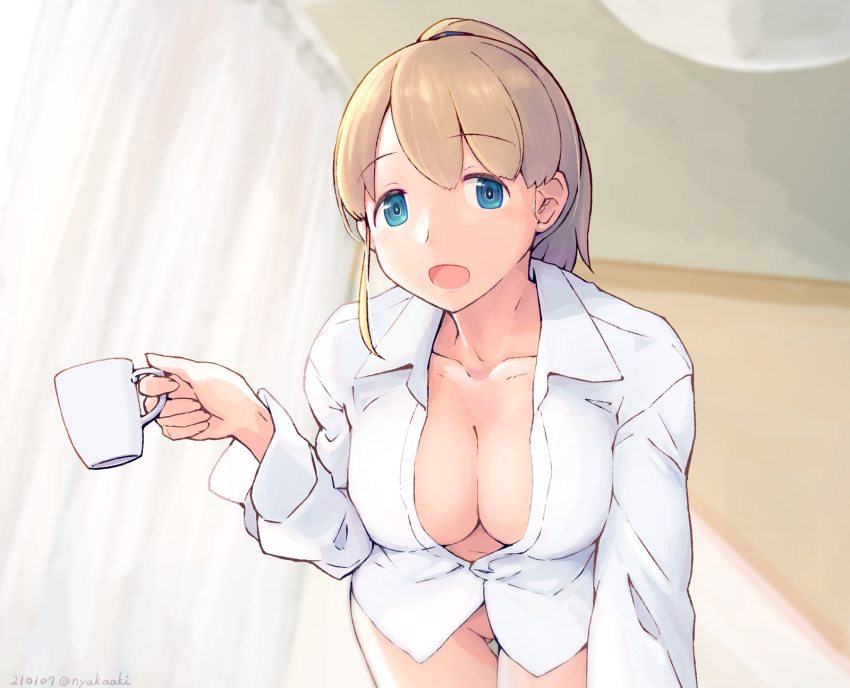 1girl all_fours ass_visible_through_thighs blue_eyes blurry blush bottomless breasts brown_hair cleavage coffee_mug collarbone collared_shirt commentary_request cup curtains dated dress_shirt eyebrows_visible_through_hair fang highres holding holding_cup indoors intrepid_(kantai_collection) kantai_collection large_breasts long_hair long_sleeves looking_at_viewer mug nakaaki_masashi naked_shirt open_clothes open_mouth open_shirt ponytail shirt skin_fang smile solo striped twitter_username white_shirt