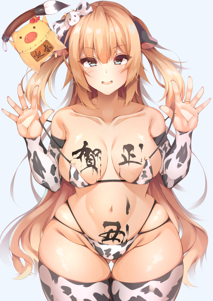 absurdres akai_haato animal_print arm_warmers bikini blonde_hair blue_eyes body_writing calligraphy calligraphy_brush chinese_zodiac cow_hair_ornament cow_print cowboy_shot haaton_(akai_haato) highres hololive long_sleeves micro_bikini paintbrush skindentation smile swimsuit thighhighs virtual_youtuber year_of_the_ox