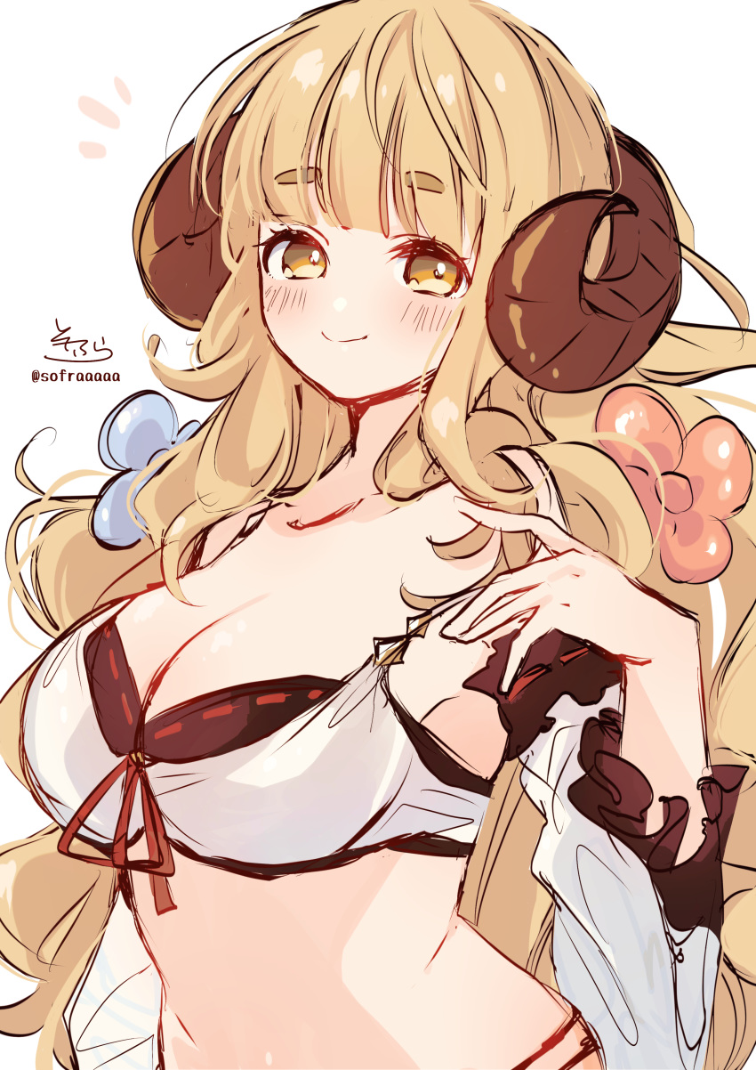 1girl absurdres anila_(granblue_fantasy) bikini black_bikini blue_flower blush breasts brown_eyes brown_hair cleavage closed_mouth collarbone curled_horns detached_sleeves draph flower granblue_fantasy hair_flower hair_ornament hand_up highres horns large_breasts layered_bikini long_hair long_sleeves looking_at_viewer notice_lines red_flower ribbon-trimmed_bikini ribbon-trimmed_sleeves ribbon_trim sheep_horns short_eyebrows signature simple_background smile sofra solo swimsuit thick_eyebrows twitter_username upper_body very_long_hair white_background white_bikini white_sleeves