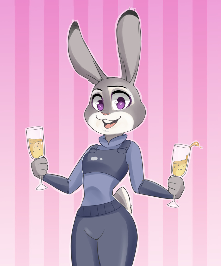 &lt;3 &lt;3_eyes anthro beverage buckteeth clothed clothing dipstick_ears disney fully_clothed fur gradient_background grey_body grey_fur happy hi_res holding_beverage holding_object judy_hopps lagomorph leporid looking_at_viewer mammal multicolored_body multicolored_ears multicolored_fur multicolored_tail open_mouth open_smile pattern_background pink_background pink_nose police_uniform portrait pose purple_eyes rabbit rin_tyan scut_tail simple_background smile solo striped_background teeth three-quarter_portrait tongue uniform white_body white_fur wine_glass zootopia