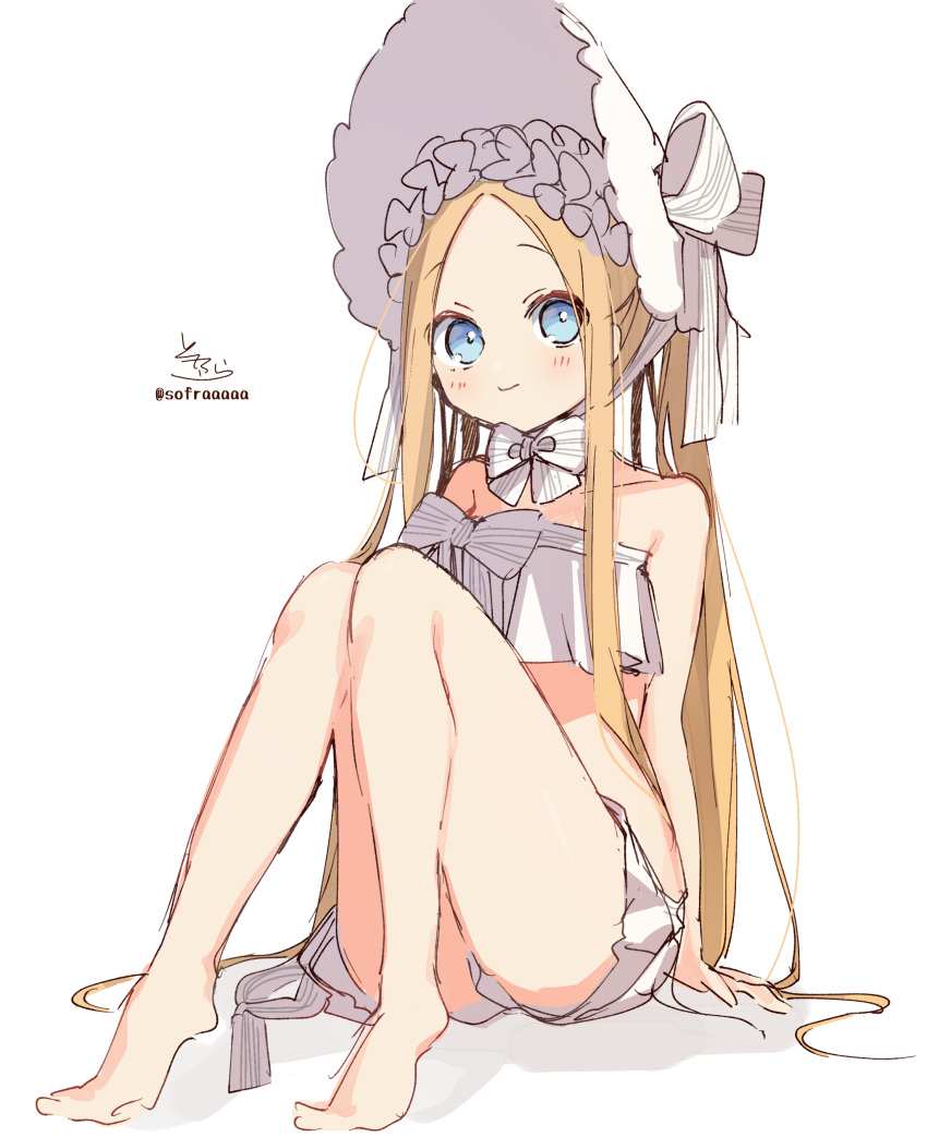 1girl abigail_williams_(fate/grand_order) abigail_williams_(swimsuit_foreigner)_(fate) absurdres bangs bare_arms bare_legs bare_shoulders barefoot bikini blonde_hair blue_eyes blush bonnet bow closed_mouth eyebrows_visible_through_hair fate/grand_order fate_(series) forehead full_body hair_bow highres knees_together_feet_apart knees_up long_hair looking_at_viewer parted_bangs shadow signature sitting sofra solo strapless strapless_bikini striped striped_bow swimsuit twintails twitter_username very_long_hair white_background white_bikini white_bow white_headwear