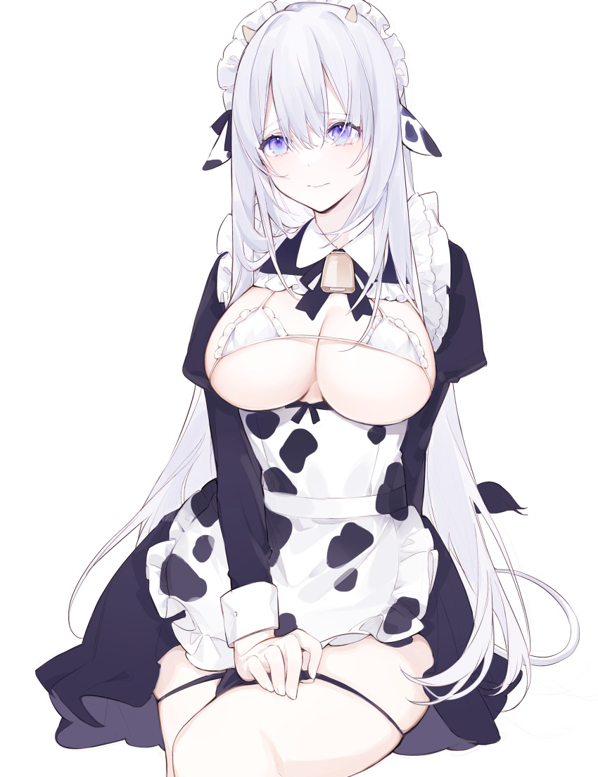 1girl absurdres animal_ears animal_print bangs bikini bikini_top black_panties breasts closed_mouth covered_nipples cow_ears cow_horns cow_print cow_tail crossed_bangs furrowed_eyebrows hair_between_eyes highres horns large_breasts long_sleeves looking_at_viewer maid maid_headdress micro_bikini miyuki_(miyuki0529) neck_bell original panties panty_pull puffy_long_sleeves puffy_sleeves purple_eyes shy simple_background sitting skindentation solo string_bikini swimsuit tail underwear white_background white_bikini white_hair