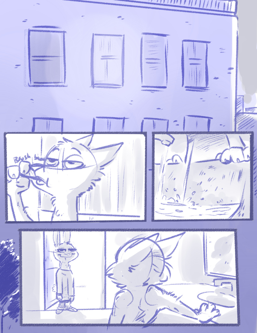 ahappypichu-mod anthro bathroom blue_and_white building canid canine clothed clothing comic disney duo fox fur hi_res inside judy_hopps lagomorph leporid looking_at_another mammal monochrome nick_wilde rabbit red_fox smile window zootopia