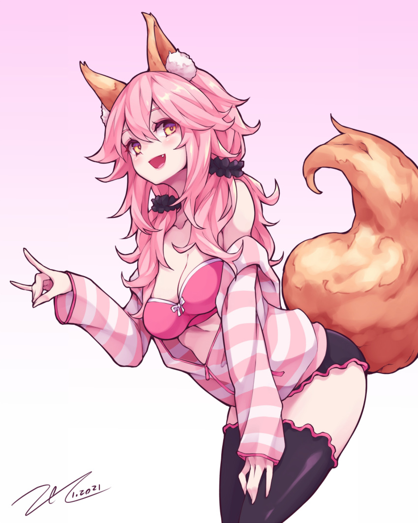 1girl :d animal_ears black_legwear black_scrunchie breasts cleavage commentary_request dated fang fate/extella fate/extra fate/extra_ccc fate/grand_order fate_(series) fox_ears fox_shadow_puppet fox_tail hair_between_eyes hair_ornament hair_scrunchie highres long_sleeves looking_at_viewer medium_breasts open_mouth pink_background pink_hair scarlet_zel scrunchie signature simple_background smile solo striped_jacket tail tamamo_(fate)_(all) tamamo_no_mae_(fate) thighhighs yellow_eyes