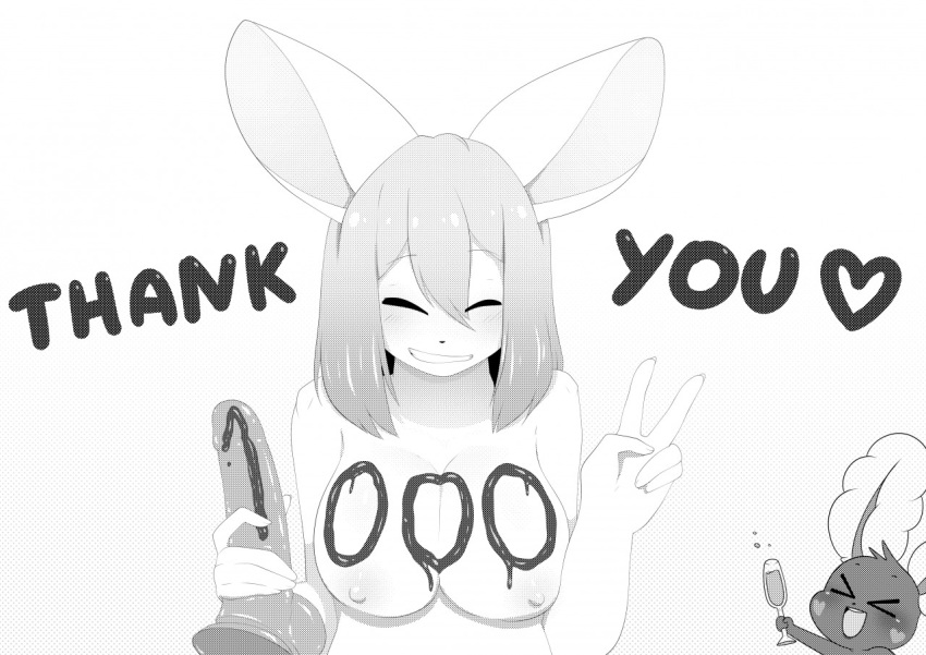 1000 anthro black_and_white breasts chibi comic conditional_dnp dildo female gesture grin lagomorph leporid mammal manga marshmallow-ears monochrome nude rabbit sex_toy smile text v_sign writing_on_chest