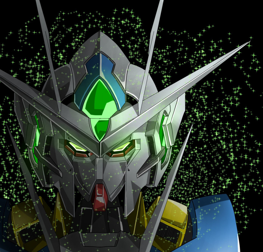 00_qan[t] black_background glowing glowing_eyes green_eyes gundam gundam_00 gundam_00_a_wakening_of_the_trailblazer head_only highres looking_at_viewer mecha no_humans science_fiction shimashun solo v-fin