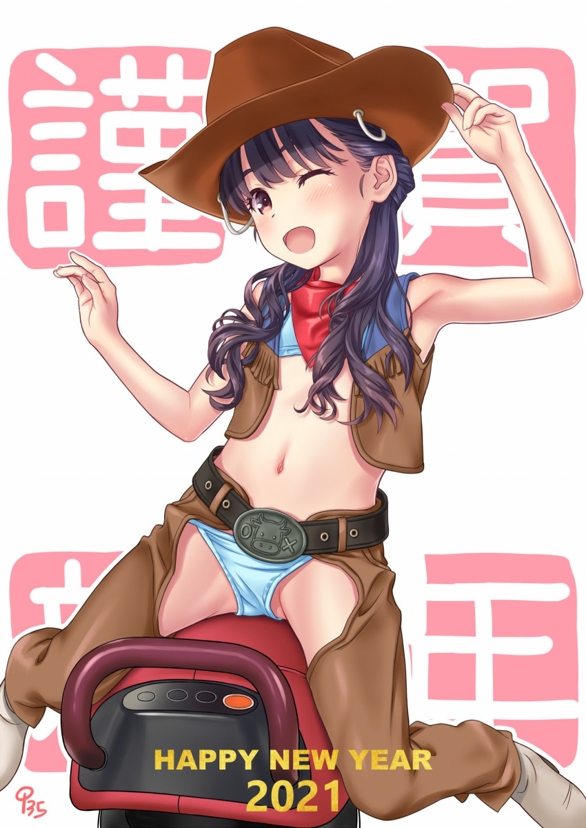 1girl aoi_kumiko background_text belt bikini black_hair blue_bikini chaps commentary_request cowboy_hat hair_over_shoulder happy_new_year hat highres kerchief long_hair mechanical_bull new_year one_eye_closed original red_eyes red_neckwear riding riding_machine side-tie_bikini solo swimsuit vest white_background