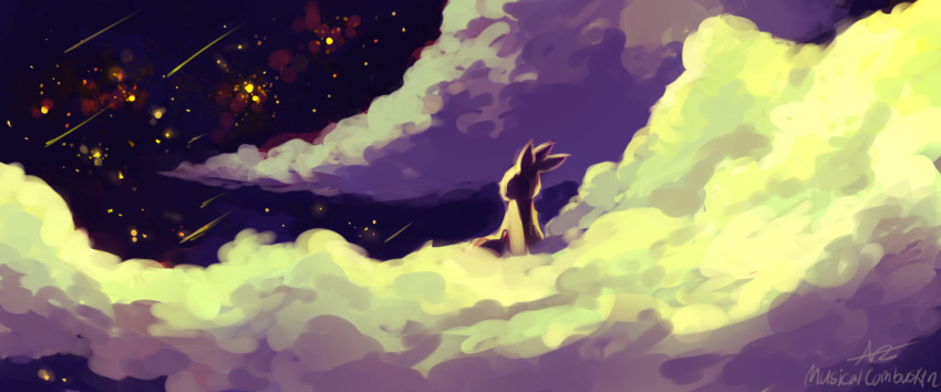 cloud cloudy_sky combusken commentary creature english_commentary gen_3_pokemon musicalcombusken night night_sky no_humans pokemon pokemon_(creature) signature sitting sky solo star_(sky) starry_sky