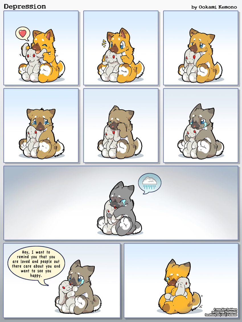 &lt;3 2020 ambiguous_gender animate_inanimate anthro blue_background blue_eyes bodily_fluids brown_body brown_fur canid canine canis comic crying depression dialogue domestic_dog duo english_text fur hi_res lagomorph leporid mammal nude o-kemono orange_body orange_fur pink_eyes plushie rabbit simple_background tears text url white_body white_fur