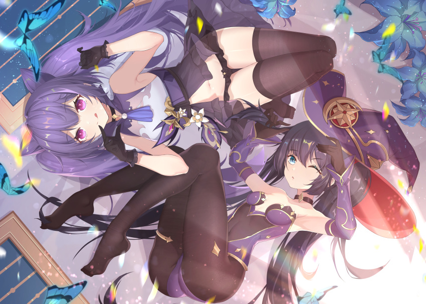 2girls aqua_eyes butterfly genshin_impact hat keqing_(genshin_impact) long_hair mona_(genshin_impact) panties shimutsuki underwear wink witch_hat