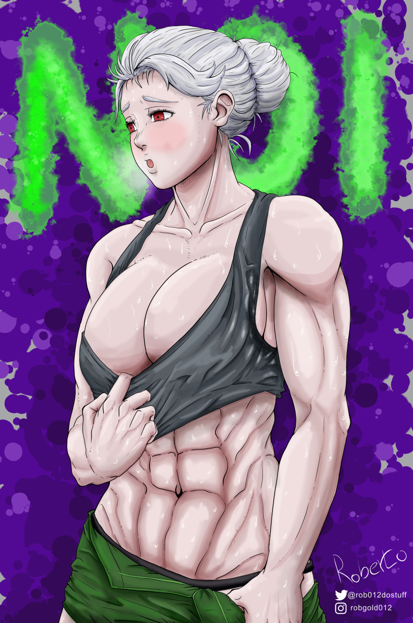 1girl abs absurdres alternate_costume breasts dorohedoro highres large_breasts muscular muscular_female noi_(dorohedoro) red_eyes rob012do rob012dostuff simple_background solo sweat white_hair