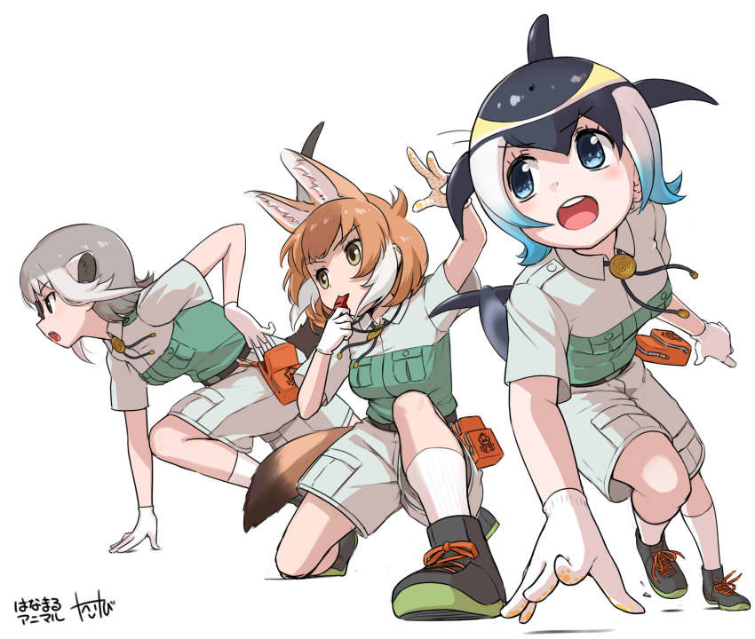 3girls action alternate_costume animal_ears beige_shirt beige_shorts black_footwear black_hair blonde_hair blowhole blue_eyes blue_hair blush chalk collared_shirt commentary_request common_dolphin_(kemono_friends) dhole_(kemono_friends) dog_ears dog_girl dog_tail dolphin_tail extra_ears eyebrows_visible_through_hair glasses gloves green_eyes green_footwear green_shirt grey_hair highres kemono_friends kemono_friends_3 khakis kneeling light_brown_hair matching_outfit meerkat_(kemono_friends) meerkat_ears meerkat_tail multicolored_hair multiple_girls neck_ribbon neckwear pov ribbon shirt shoes short_hair short_sleeves shorts sneakers socks tail takebi two-tone_footwear two-tone_hair two-tone_shirt uniform whistle white_background white_gloves white_hair white_legwear