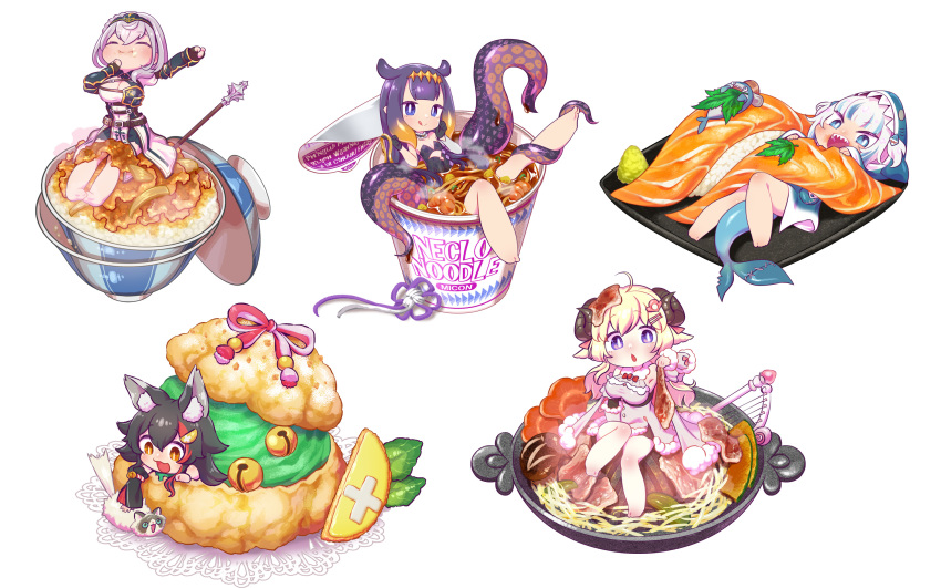 5girls :i ahoge animal_ear_fluff animal_ears animal_hood arm_up bare_legs barefoot bell black_hair black_leotard blonde_hair bloop_(gawr_gura) blue_eyes blue_hair blue_hoodie blush bowl brand_name_imitation breasts cape carrot cat chaki_(teasets) chibi cleavage_cutout closed_eyes closed_mouth clothing_cutout commentary cup_ramen cutout_above_navel detached_sleeves dress eating eyebrows_visible_through_hair fish_tail food full_body fur-trimmed_dress fur_trim gawr_gura gradient_hair gyuudon hair_ornament hairclip harp highres hololive hololive_english hood hoodie horns instrument kouhaku_nawa leotard licking_lips long_hair looking_at_viewer mace mole mole_on_breast multicolored_hair multiple_girls nabe ninomae_ina'nis noodles ookami_mio open_mouth orange_eyes orange_hair partially_submerged purple_hair red_hair salmon shark_hair_ornament shark_hood shark_tail sharp_teeth sheep_ears sheep_horns shirogane_noel short_hair short_twintails silver_hair simple_background smile streaked_hair sushi taiga_(ookami_mio) tail teeth tentacle_hair tentacles thighs tiara tongue tongue_out tsunomaki_watame twintails two-tone_hair two_side_up vambraces virtual_youtuber wasabi weapon white_background white_dress wolf_ears
