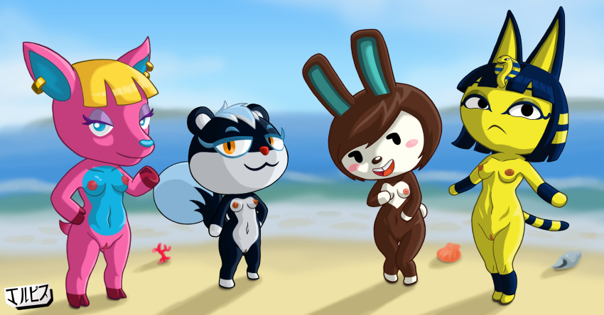 absurd_res animal_crossing ankha_(animal_crossing) anthro beach carmen_(animal_crossing) cervid domestic_cat felid feline felis female fuchsia_(animal_crossing) genitals group hi_res jackintaro lagomorph leporid mammal nintendo nipples nude pussy rabbit rodent sciurid seaside tasha_(animal_crossing) video_games