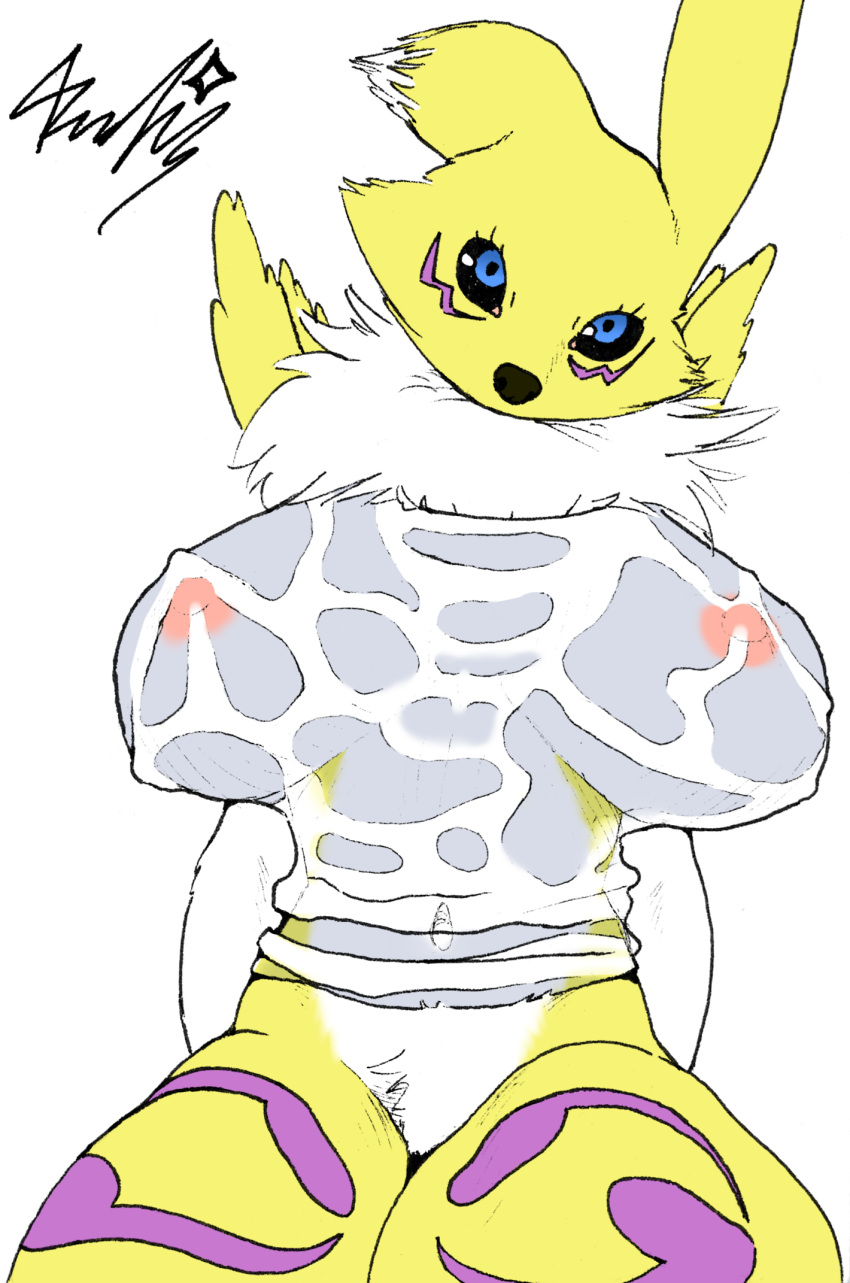 anthro big_breasts black_sclera blue_eyes bottomless breasts clothed clothing crotch_tuft digimon digimon_(species) facial_markings female head_markings hi_res huge_breasts leg_markings looking_at_viewer markings neck_tuft nipples pubes realius renamon shirt simple_background sitting solo thick_thighs thigh_markings topwear traditional_media_(artwork) translucent translucent_clothing tuft wet wet_clothing wet_shirt wet_topwear