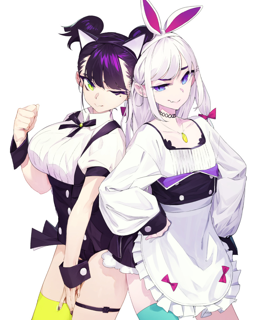 2girls animal_ears apron black_leotard black_neckwear black_ribbon blue_eyes bow bow_hairband breasts cat_ears choker closed_mouth cowboy_shot double-breasted fake_animal_ears green_eyes green_legwear hair_bow hairband hand_on_hip hands_on_hips high-waist_skirt highres jewelry kamameshi_gougoumaru large_breasts leotard long_hair long_sleeves looking_at_viewer miniskirt mole mole_under_eye multicolored multicolored_eyes multiple_girls neck_ribbon necklace original puffy_long_sleeves puffy_short_sleeves puffy_sleeves purple_eyes purple_hair red_bow ribbon short_hair short_sleeves simple_background single_thighhigh skirt slit_pupils square_neckline standing suspenders thighhighs twintails waist_apron white_apron white_background white_hair wrist_cuffs yellow_legwear