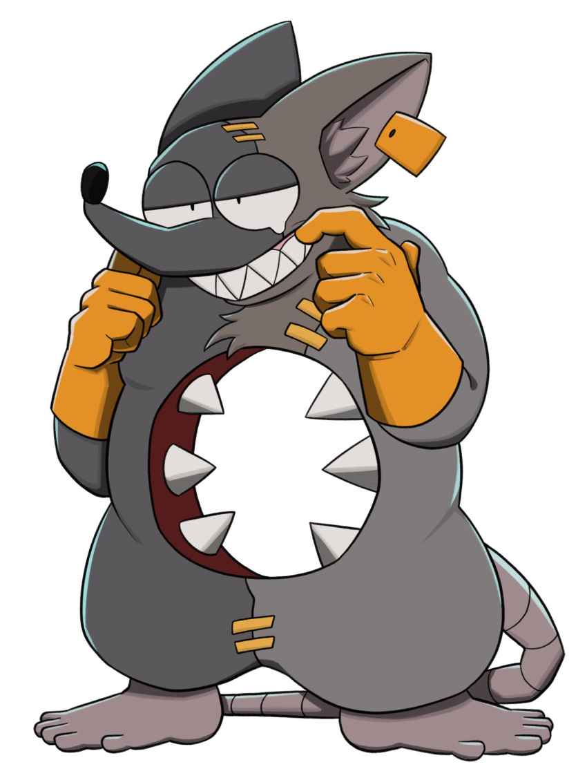 anthro clothing ear_tag gloves grin handwear hi_res hole_(anatomy) mad_rat_(character) mad_rat_dead male mammal murid murine nemhippie rat rodent sharp_teeth slightly_chubby smile solo stitch_(sewing) teeth