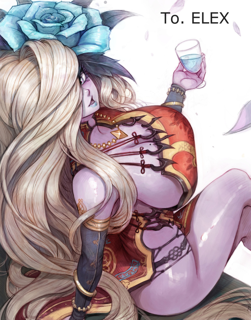 1girl absurdres bangs bare_shoulders blonde_hair blue_flower blue_lipstick breasts carcass_(artist) cleavage colored_skin crossed_legs cup drink drinking_glass dungeon_and_fighter english_text eyelashes flower hair_between_eyes hair_over_one_eye highres huge_breasts jewelry large_breasts lipstick long_hair looking_back makeup open_mouth pelvic_curtain petals purple_skin sharan_(dungeon_and_fighter) simple_background sitting sitting_on_object smile solo thick_thighs thighs white_background wine_glass