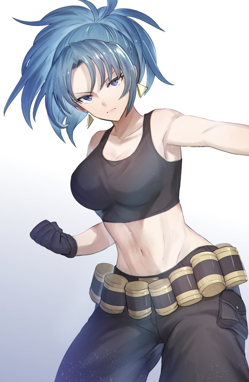 1girl absurdres bangs bare_shoulders black_gloves black_tank_top blue_eyes blue_hair breasts cargo_pants earrings gas_can gloves highres jewelry leona_heidern midriff navel nori_tarou pants ponytail shoulders solo tank_top the_king_of_fighters the_king_of_fighters_xiii triangle_earrings