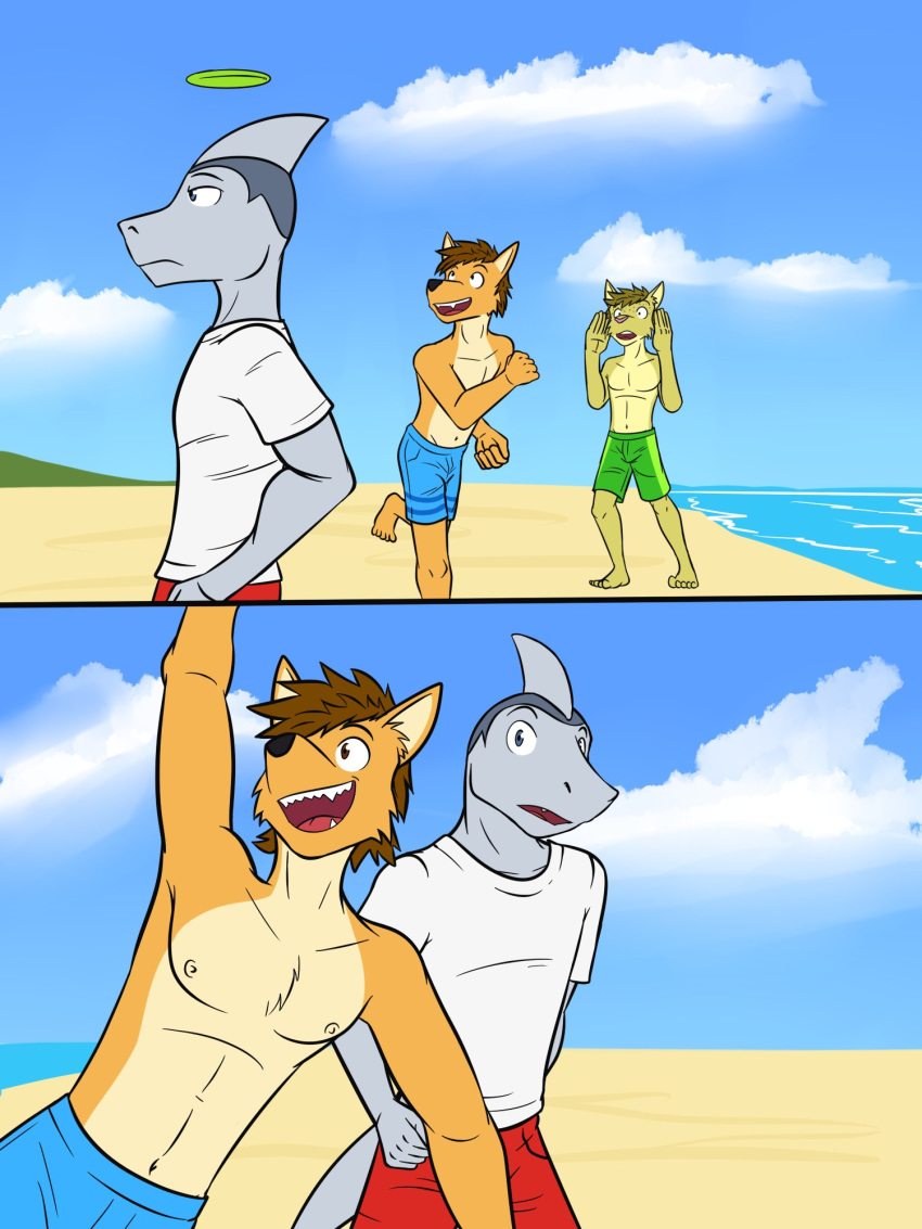 3:4 adam_caro anthro beach canid canine canis clothed clothing comic coyote felid feline fish frisbee fully_clothed fuze group hi_res ian_(fuze) lynx male mammal marine mond_reyes navel nipples seaside shark shirt swimming_trunks swimwear t-shirt texnatsu topless topwear