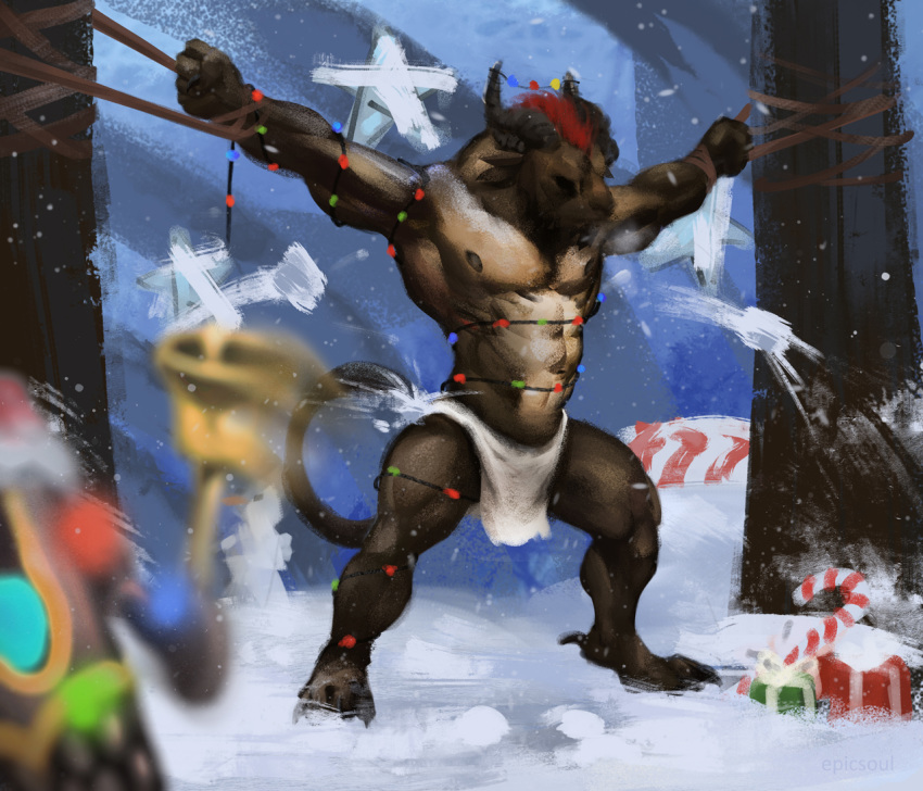 4_ears abs anthro bell biceps brown_body brown_fur candy candy_cane charr christmas christmas_lights claws clothing dessert digitigrade epic_soul felid food fur gift guild_wars guildwars2 hair holidays horn male mammal multi_ear muscular muscular_anthro muscular_male nipples pecs plant raised_tail red_hair rope rytlock_brimstone snow snowball snowman solo spread_arms spread_legs spreading standing toes tree triceps underwear video_games winter wintersday