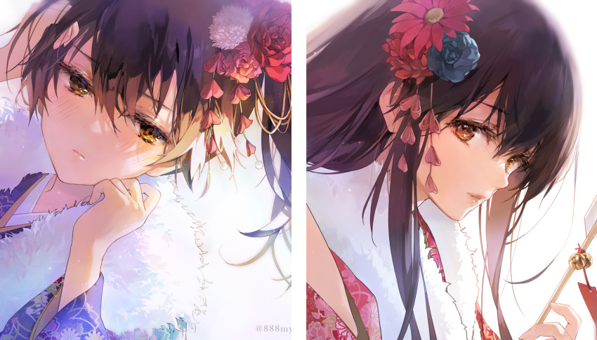 1girl 888myrrh888 akagi_(kantai_collection) arrow_(projectile) bell blue_kimono blush brown_eyes brown_hair closed_mouth commentary_request eyebrows_visible_through_hair floral_print from_side fur-trimmed_kimono fur_trim hair_between_eyes hamaya japanese_clothes kaga_(kantai_collection) kantai_collection kimono lips long_hair long_sleeves official_alternate_costume print_kimono red_kimono side_ponytail simple_background solo twitter_username upper_body white_background wide_sleeves