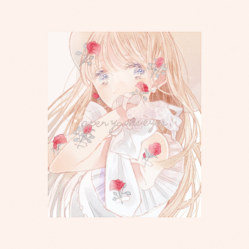 1girl bangs bare_shoulders blush brown_hair earrings flower gloves grey_eyes hat highres jewelry long_hair original red_flower red_rose rose sakuraba_nao shadow solo tape upper_body white_background