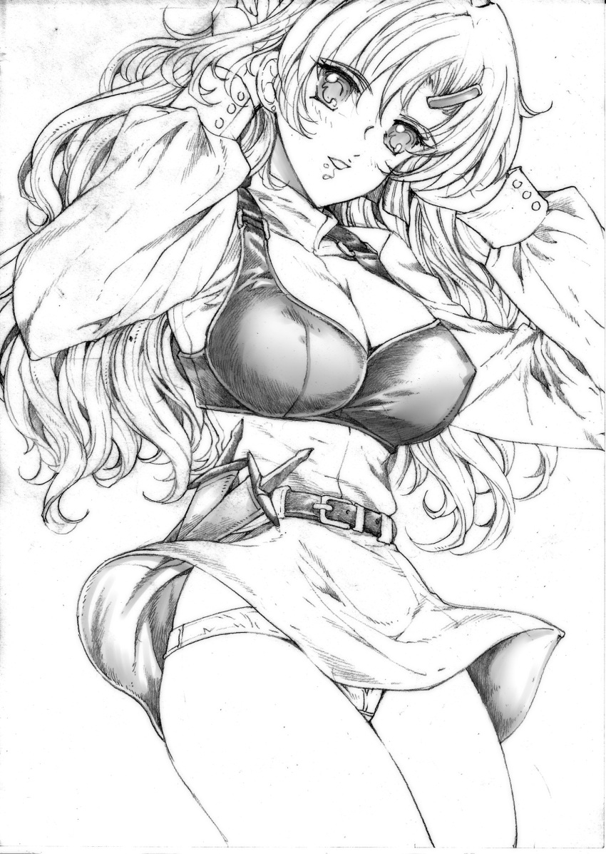 1girl belt breasts character_request copyright_request covered_nipples english_commentary glasses greyscale hands_in_hair highres holstered_weapon john_r knife looking_at_viewer looking_down medium_breasts monochrome panties parted_lips solo underwear wind wind_lift