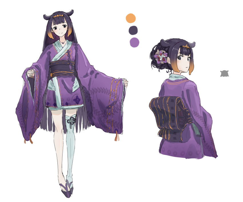 1girl absurdres alternate_costume alternate_hairstyle black_eyes black_hair cropped_torso flower from_behind hair_bun hair_flower hair_ornament highres hololive hololive_english japanese_clothes kimono long_hair looking_at_viewer looking_back multiple_views ninomae_ina'nis palette platform_footwear purple_flower purple_kimono single_thighhigh smile tako_(ninomae_ina'nis) tentacle_hair thighhighs very_long_hair virtual_youtuber waneyeye white_background wings yukata