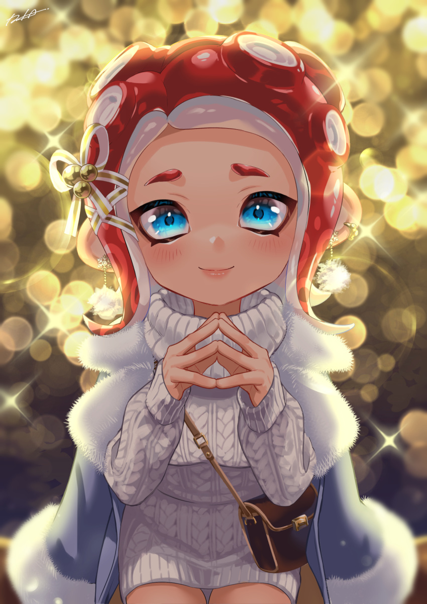 1girl artist_name bag blue_eyes blurry bokeh carrying christmas closed_mouth coat coat_on_shoulders commentary depth_of_field dress earrings fingers_together fur-trimmed_coat fur_trim grey_coat hair_ornament handbag highres iria_(yumeirokingyo) jewelry light_blush long_sleeves looking_at_viewer medium_hair octoling octoling_girl octoling_player_character pointy_ears red_hair short_dress signature sitting smile solo sparkle splatoon_(series) steepled_fingers suction_cups sweater sweater_dress tentacle_hair turtleneck turtleneck_dress white_dress