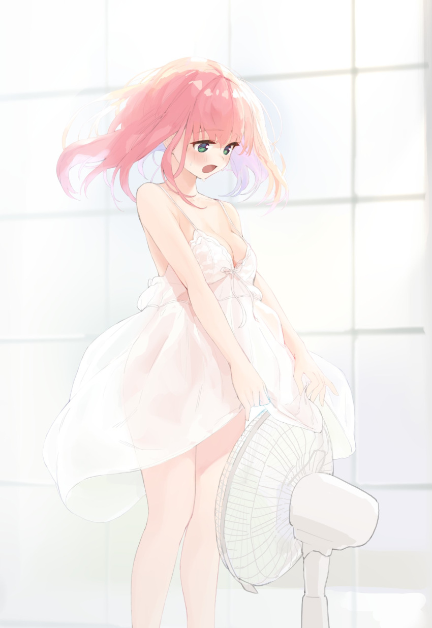 1girl absurdres blush breasts chemise cleavage copyright_request electric_fan eyebrows_visible_through_hair fan fanning_crotch feet_out_of_frame floating_hair green_eyes highres long_hair medium_breasts open_mouth pink_hair solo tai_(e3d1p)