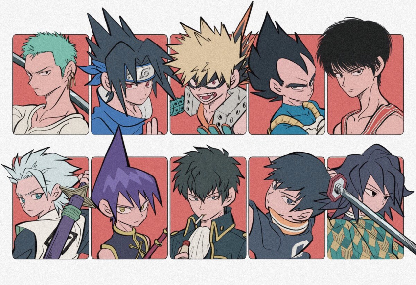 6+boys aqua_hair bakugou_katsuki bangs black_eyes black_hair black_shirt bleach blonde_hair blue_eyes boku_no_hero_academia cigarette dragon_ball dragon_ball_z earrings gintama grey_hair haikyuu!! headband hijikata_toushirou hitsugaya_toushirou jewelry kageyama_tobio kimetsu_no_yaiba looking_at_viewer multiple_boys multiple_earrings naruto_(series) one_piece orange_shirt print_shirt purple_hair red_background red_eyes roronoa_zoro rukawa_kaede shaman_king sheath sheathed shirt slam_dunk sword tao_ren tomioka_giyuu uchiha_sasuke upper_body uzuta vegeta weapon white_shirt widow's_peak yellow_eyes