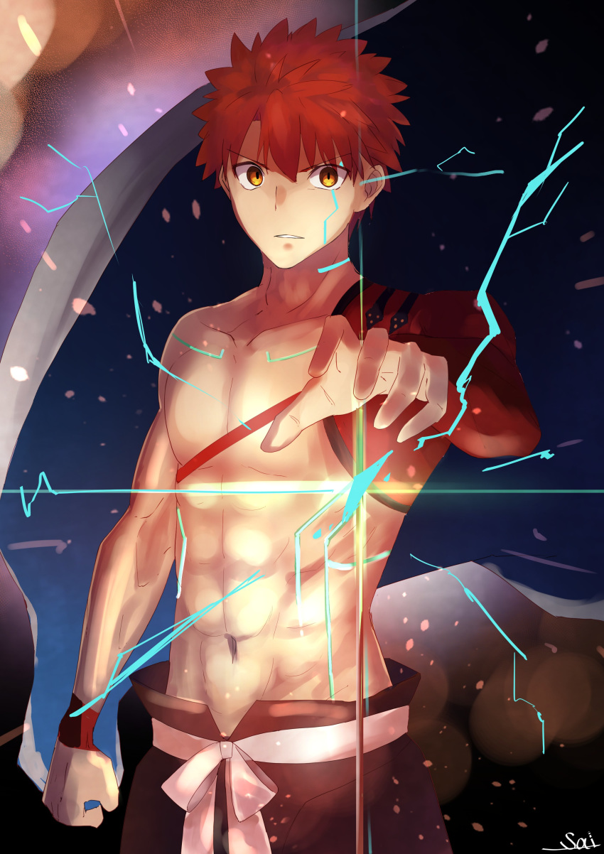 1boy abs absurdres artist_name aya_(user_ddya7452) bangs belt black_pants bracer cape collarbone fate/grand_order fate_(series) highres holding holding_cape navel orange_eyes pants red_hair sengo_muramasa_(fate) serious short_hair solo spiked_hair white_cape