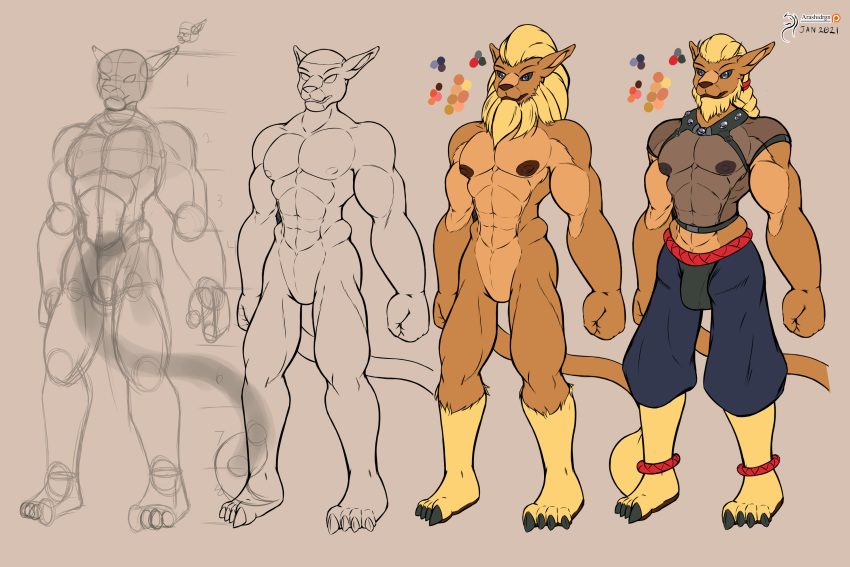 3:2 arashidrgn bulge claws design_sheet digimon digimon_(species) felid fur hi_res leomon lion male mammal model_sheet muscular muscular_male nude pantherine pecs