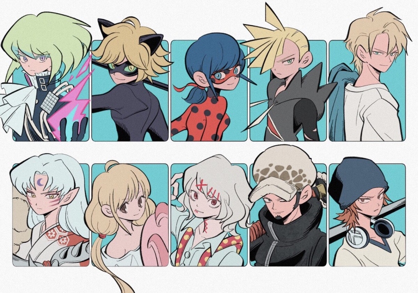 2girls 6+boys androgynous aqua_background aqua_eyes ash_lynx banana_fish bare_shoulders beanie black_hair black_jacket black_mask blonde_hair brown_eyes brown_hair chat_noir collared_shirt colored_sclera drawstring eye_mask facial_mark fire futaba_anzu gladion_(pokemon) green_eyes green_hair green_sclera hair_ornament hair_over_one_eye hairclip hat headphones idolmaster idolmaster_cinderella_girls inuyasha jacket japanese_clothes k_(anime) kimono ladybug_(character) lio_fotia long_hair mad_burnish miraculous_ladybug multiple_boys multiple_girls off-shoulder_shirt off_shoulder one_piece parted_lips pointy_ears pokemon pokemon_(game) pokemon_sm print_kimono promare purple_eyes purple_fire pyrokinesis red_eyes red_mask sesshoumaru shirt short_hair suzuya_juuzou tokyo_ghoul trafalgar_law upper_body uzuta white_hair white_shirt x_hair_ornament yata_misaki yellow_eyes