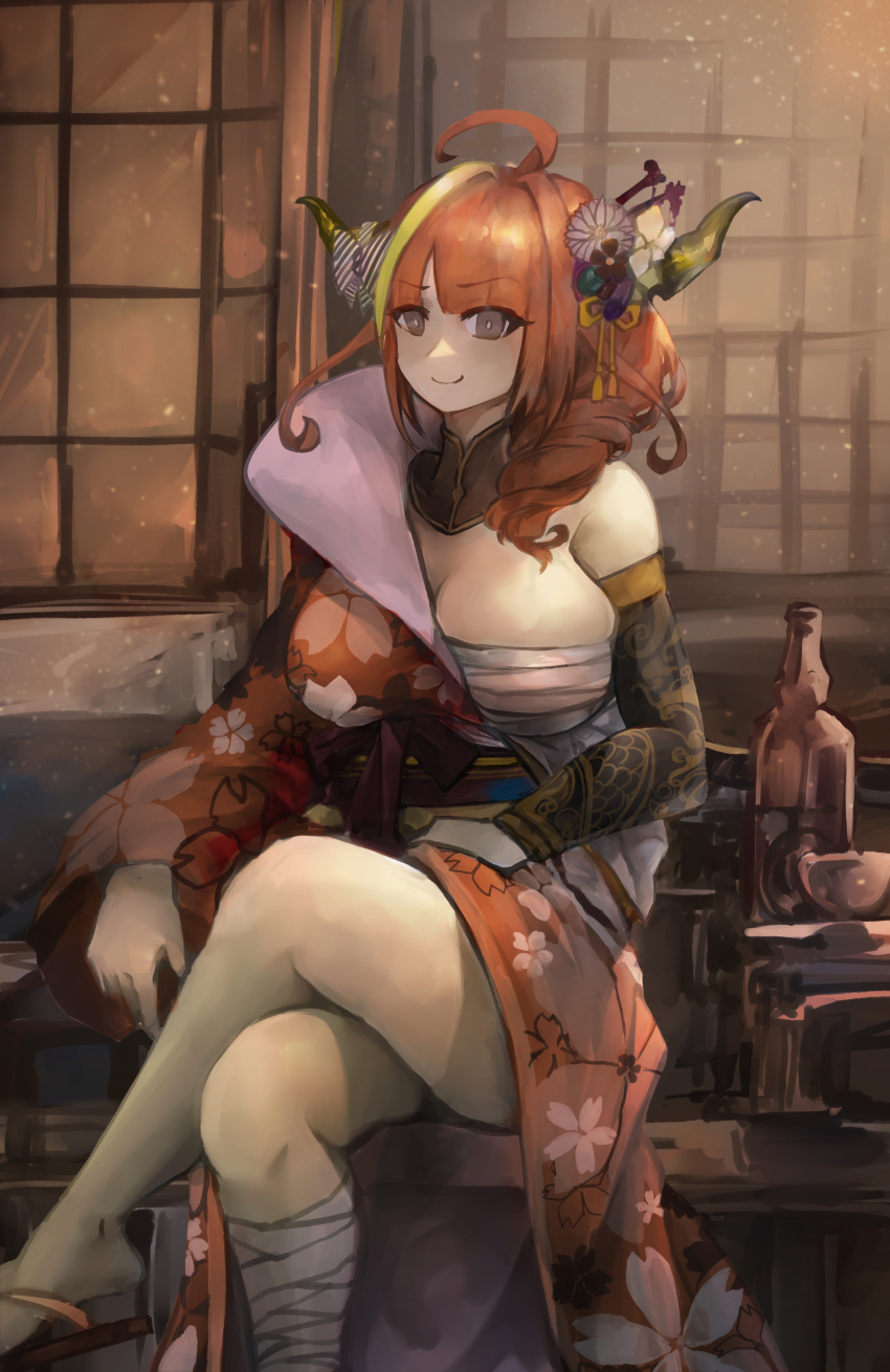 1girl absurdres ahoge bottle bowl breasts bright_pupils cleavage crossed_legs dragon_horns drill_hair floral_print highres hololive horns huge_breasts indoors japanese_clothes kimono kiryuu_coco long_hair looking_at_viewer multicolored_hair official_alternate_costume orange_hair purple_eyes sandals side_drill sitting smile solo streaked_hair table thighs virtual_youtuber vyragami white_pupils