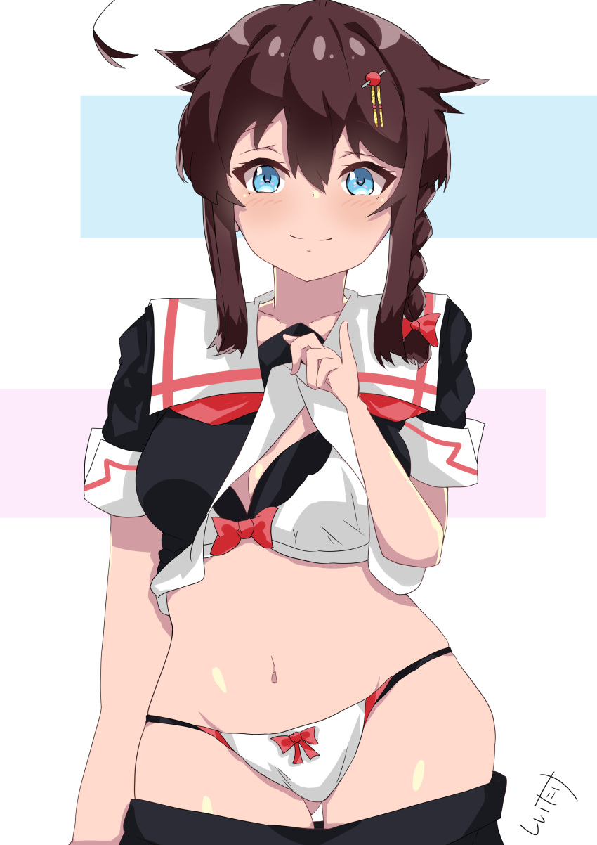 1girl absurdres ahoge ass_visible_through_thighs black_hair black_serafuku black_skirt blue_eyes bra braid commentary_request cowboy_shot hair_flaps hair_ornament hair_over_shoulder highres kantai_collection lifted_by_self long_hair looking_at_viewer moto_shiitake neckerchief panties pleated_skirt red_neckwear remodel_(kantai_collection) school_uniform serafuku shigure_(kantai_collection) shirt_lift single_braid skirt skirt_removed smile solo thigh_gap underwear white_bra white_panties