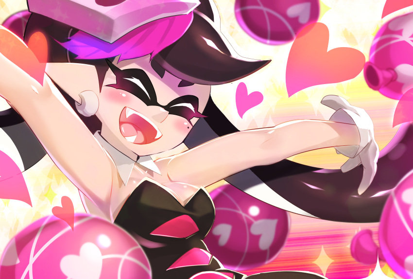 1girl :d absurdres bangs black_jumpsuit blurry blurry_foreground bomb_rush_(splatoon) breasts burst_bomb_(splatoon) callie_(splatoon) cleavage closed_eyes collar commentary_request depth_of_field detached_collar domino_mask earrings fangs food food_on_head gloves gradient_hair heart highres jewelry long_hair mask medium_hair mole mole_under_eye multicolored_hair nomu object_on_head open_mouth outstretched_arms pointy_ears purple_hair smile solo sparkle splatoon_(series) splatoon_1 spread_arms strapless sushi swept_bangs tentacle_hair tied_hair upper_body very_long_hair white_collar white_gloves wing_collar