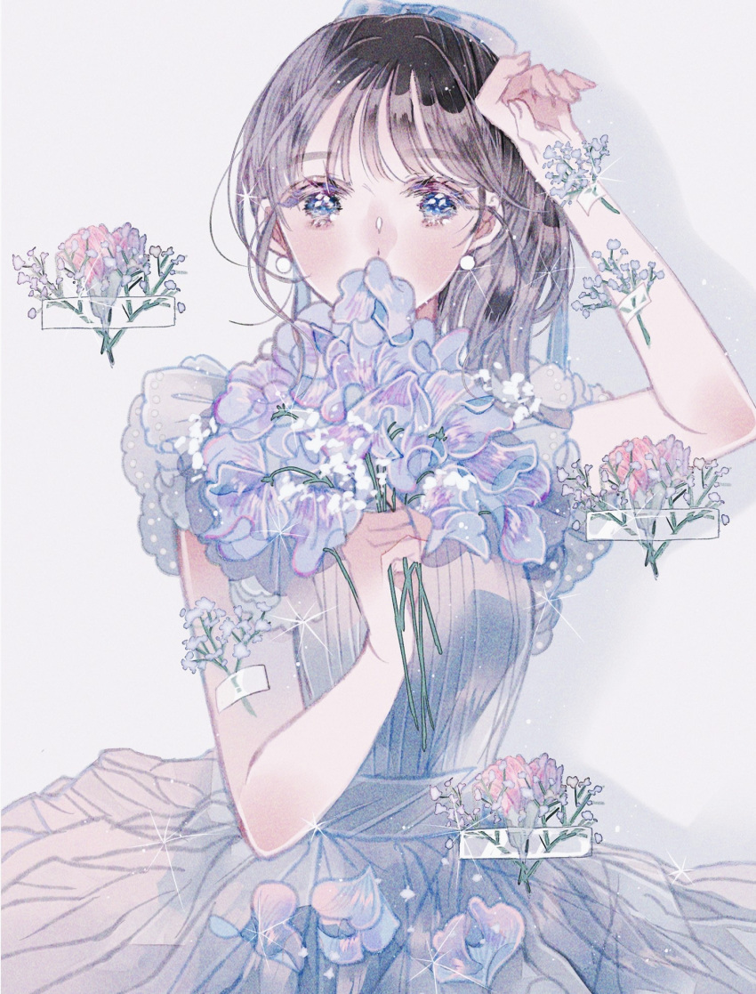 1girl arm_up bangs black_hair covered_mouth dress flower grey_background grey_dress highres holding holding_flower long_hair original pink_flower purple_flower sakuraba_nao shadow simple_background solo tape