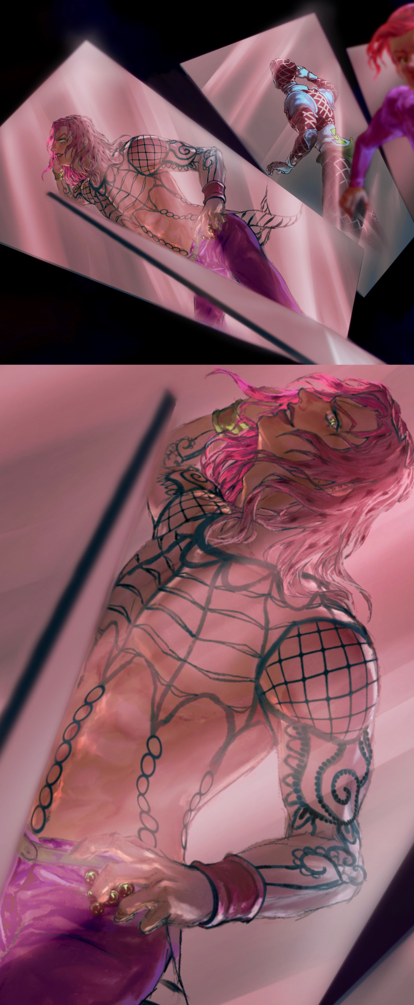 3boys absurdres argyle argyle_sweater arm_tattoo bare_pecs belt black_background blue_sweater blurry chain depth_of_field diavolo different_reflection fishnets green_eyes guido_mista hand_in_hair hand_on_hip hand_up hat head_back highres jojo_no_kimyou_na_bouken lipstick long_hair long_sleeves looking_at_viewer makeup male_focus mirror multiple_boys multiple_views pants pectorals pink_hair purple_lipstick purple_pants purple_sweater red_headwear red_pants reflection ribbed_sweater simple_background smile solo_focus standing sweater tattoo toned toned_male vento_aureo vesta_zc vinegar_doppio wristband
