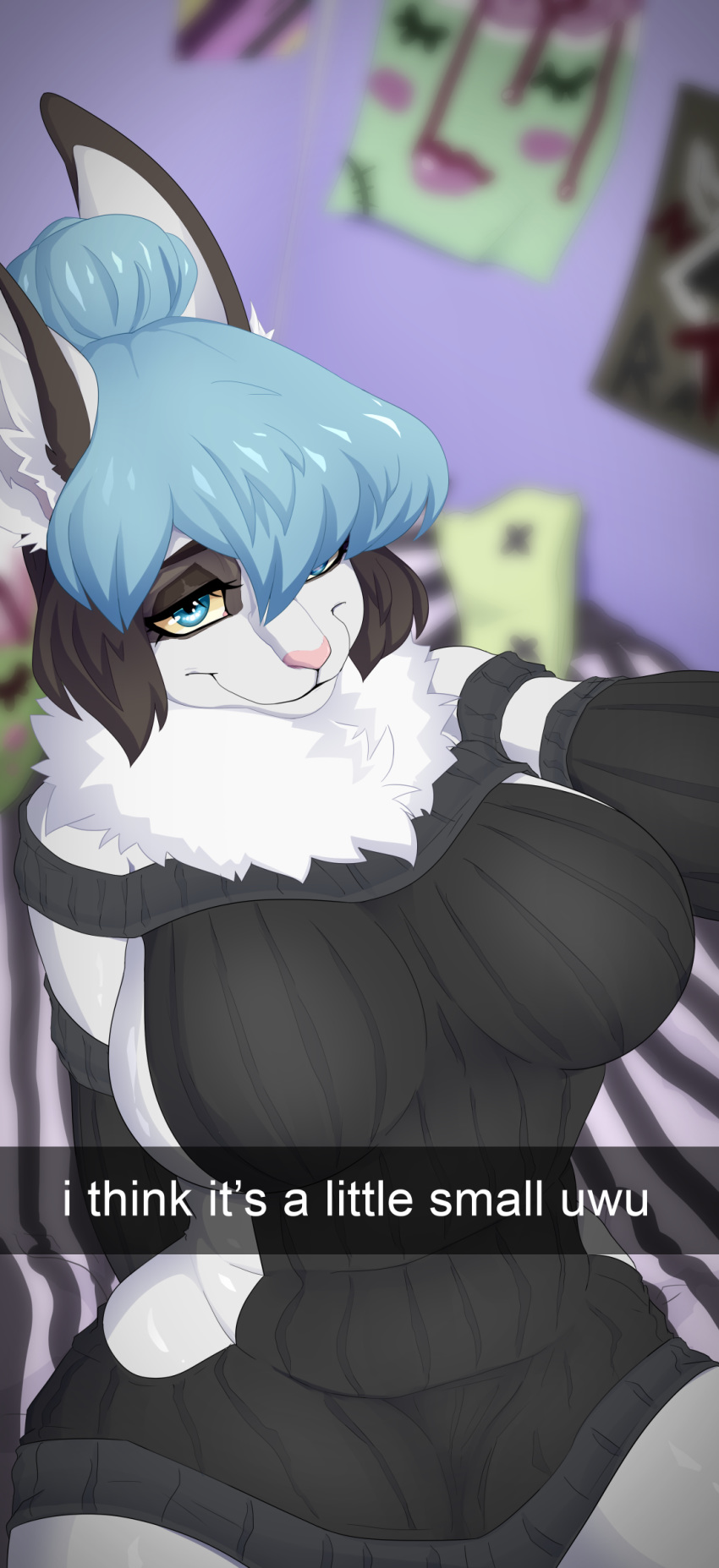 absurd_res anthro blanc_de_hotot blue_eyes blue_hair clothing english_text esther female fur hair hi_res lagomorph leporid mammal meme meme_clothing pastel_goth rabbit solo sweater text topwear virgin_killer_sweater white_body white_fur zoecinno