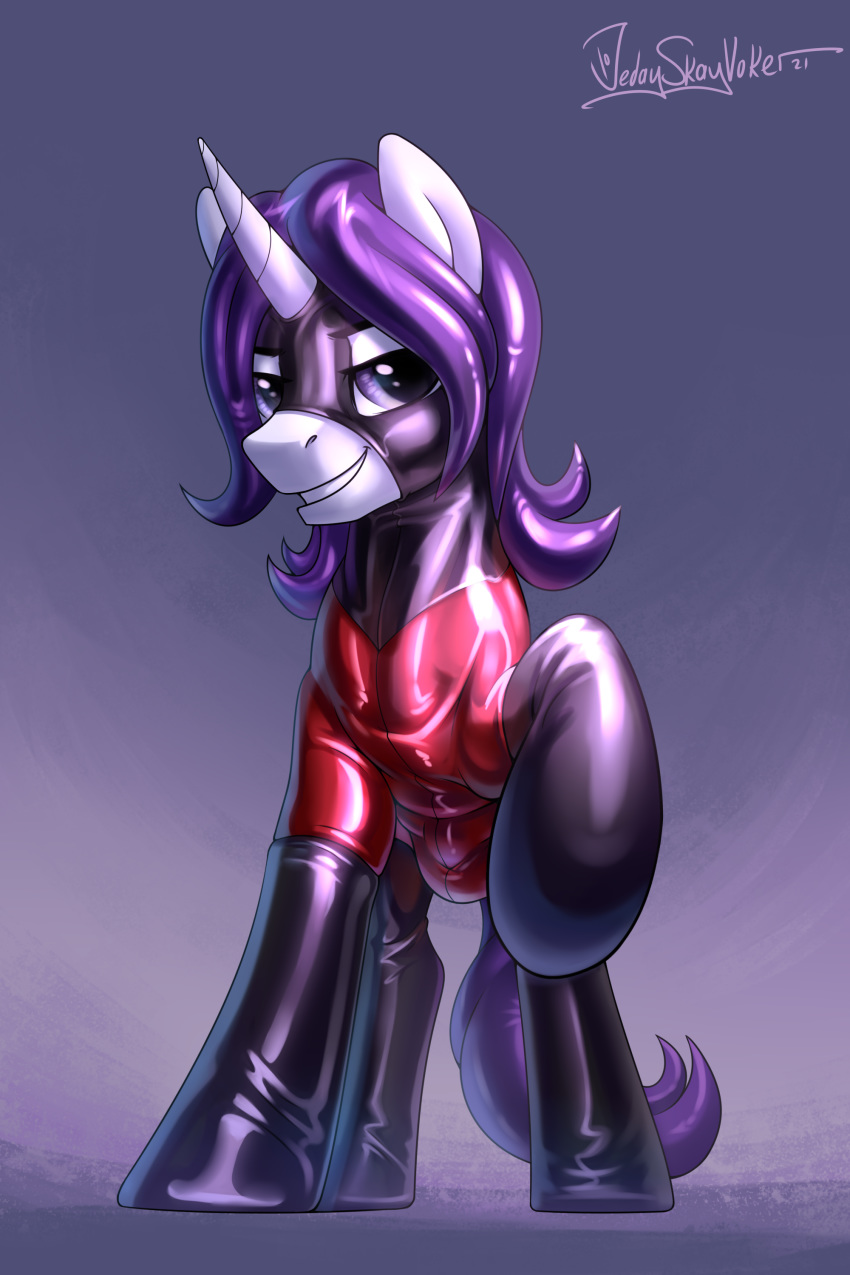 2021 2:3 absurd_res bass_cannon_(oc) blue_background bodysuit bulge clothed clothed_feral clothing english_text equid equine fan_character feral fur glistening glistening_hair hair hasbro hi_res hooves horn jedayskayvoker latex_stockings looking_at_viewer male mammal mane my_little_pony purple_eyes purple_mane purple_tail quadruped raised_hoof rubber rubber_suit signature simple_background skinsuit smile solo standing text tight_clothing unicorn white_body white_fur