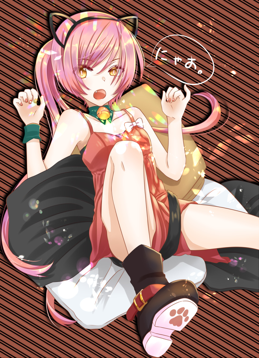 1girl animal_ears boots cat_ears cat_tail character_name commentary cushion dress dress_bow fang full_body hairband highres long_hair looking_at_viewer nekomura_iroha open_mouth paw_pose paw_print pink_hair ponta_(poqpon) rainbow red_dress red_nails refraction sitting solo spaghetti_strap speech_bubble striped striped_background tail translated vocaloid wristband yellow_eyes