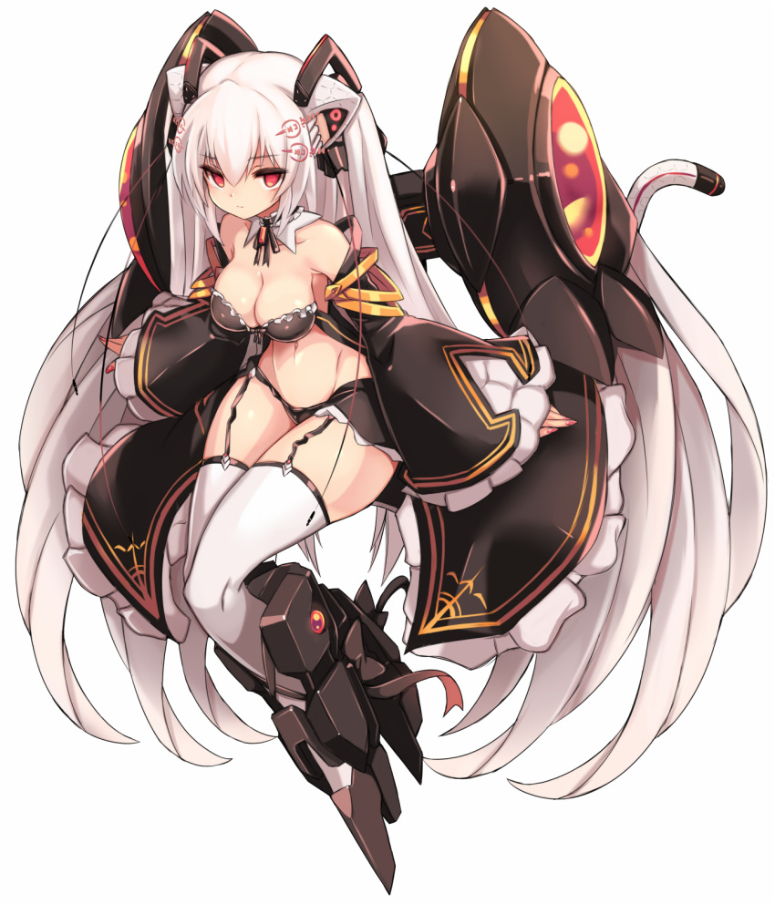 1girl animal_ear_fluff animal_ears bangs bare_shoulders black_bra black_panties black_sleeves bra breasts cat_ears cat_girl cat_tail cleavage closed_mouth detached_sleeves eyebrows_visible_through_hair full_body garter_straps hair_between_eyes headgear highres karukan_(monjya) large_breasts long_hair long_sleeves looking_at_viewer mecha_musume nail_polish navel nora_cat nora_cat_channel panties pink_nails red_eyes simple_background sleeves_past_wrists solo tail thighhighs underwear very_long_hair virtual_youtuber white_background white_hair white_legwear wide_sleeves