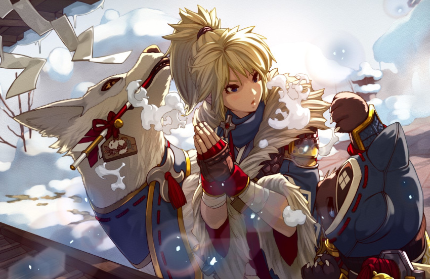 1girl 2others blonde_hair blue_eyes blue_kimono box breath brooch canyne commentary_request day donation_box felyne fingerless_gloves fingernails fur fur-trimmed_sleeves fur_trim gloves hands_clasped hands_together highres japanese_clothes jewelry kanrinin_(gyfp4747) kimono long_hair monster_hunter monster_hunter_rise mouth_hold multiple_others new_year ninja own_hands_together ponytail praying red_gloves shrine wide_sleeves