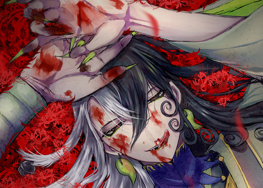1boy :q arms_up ashiya_douman_(fate) asymmetrical_hair bell black_eyes black_hair blood blood_from_mouth blood_on_face bloody_hands curly_hair earrings face fate/grand_order fate_(series) fingernails flower flower_request green_eyeshadow green_kimono green_lipstick green_nails hair_bell hair_between_eyes hair_intakes hair_ornament japanese_clothes jewelry kimono licking_lips lipstick long_hair looking_at_viewer lying magatama magatama_earrings makeup male_focus multicolored_hair nosebleed on_back open_hands portrait red_flower red_pupils sharp_fingernails solo tongue tongue_out two-tone_hair upper_body very_long_fingernails very_long_hair white_hair yokaranu_yuuna