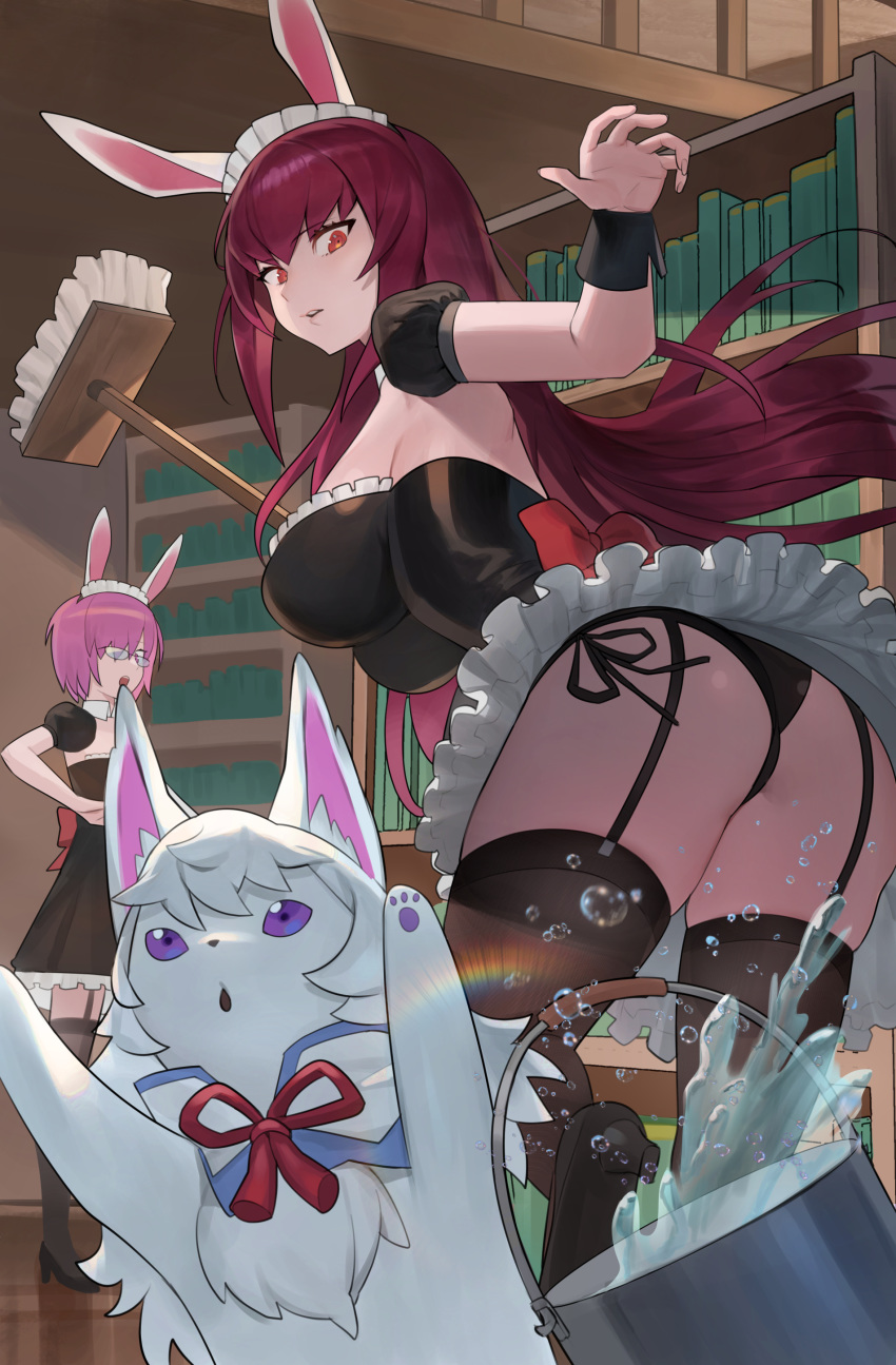 2girls absurdres alternate_costume animal_ears ass black_legwear black_panties book bookshelf bucket bucket_of_water bunny_ears commentary enmaided fake_animal_ears fate/grand_order fate_(series) fou_(fate/grand_order) from_behind garter_straps glasses hair_over_one_eye highres holding holding_mop hood_(james_x) indoors leaning_forward library lingerie maid maid_headdress mash_kyrielight mop multiple_girls open_mouth panties puffy_short_sleeves puffy_sleeves purple_eyes purple_hair red_eyes scathach_(fate)_(all) scathach_(fate/grand_order) short_sleeves side-tie_panties thighhighs underwear wrist_cuffs