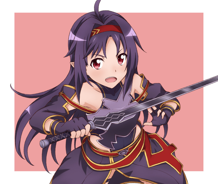 1girl absurdres ahoge armor bangs bare_shoulders breastplate covered_collarbone detached_sleeves fingerless_gloves gloves hairband headband highres holding holding_sword holding_weapon leotard long_hair looking_at_viewer love_emily0103 open_mouth parted_bangs pointy_ears purple_hair red_eyes simple_background solo sword sword_art_online weapon yuuki_(sao)