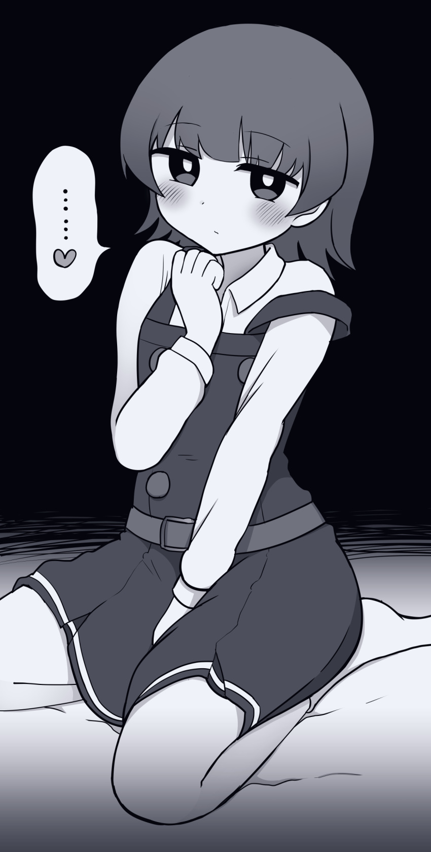 ... 1girl absurdres arare_(kantai_collection) bangs blush closed_mouth dress eyebrows_visible_through_hair greyscale heart highres kantai_collection long_sleeves looking_at_viewer monochrome pinafore_dress remodel_(kantai_collection) shirt short_hair simoyuki simple_background sitting socks solo spoken_ellipsis spoken_heart